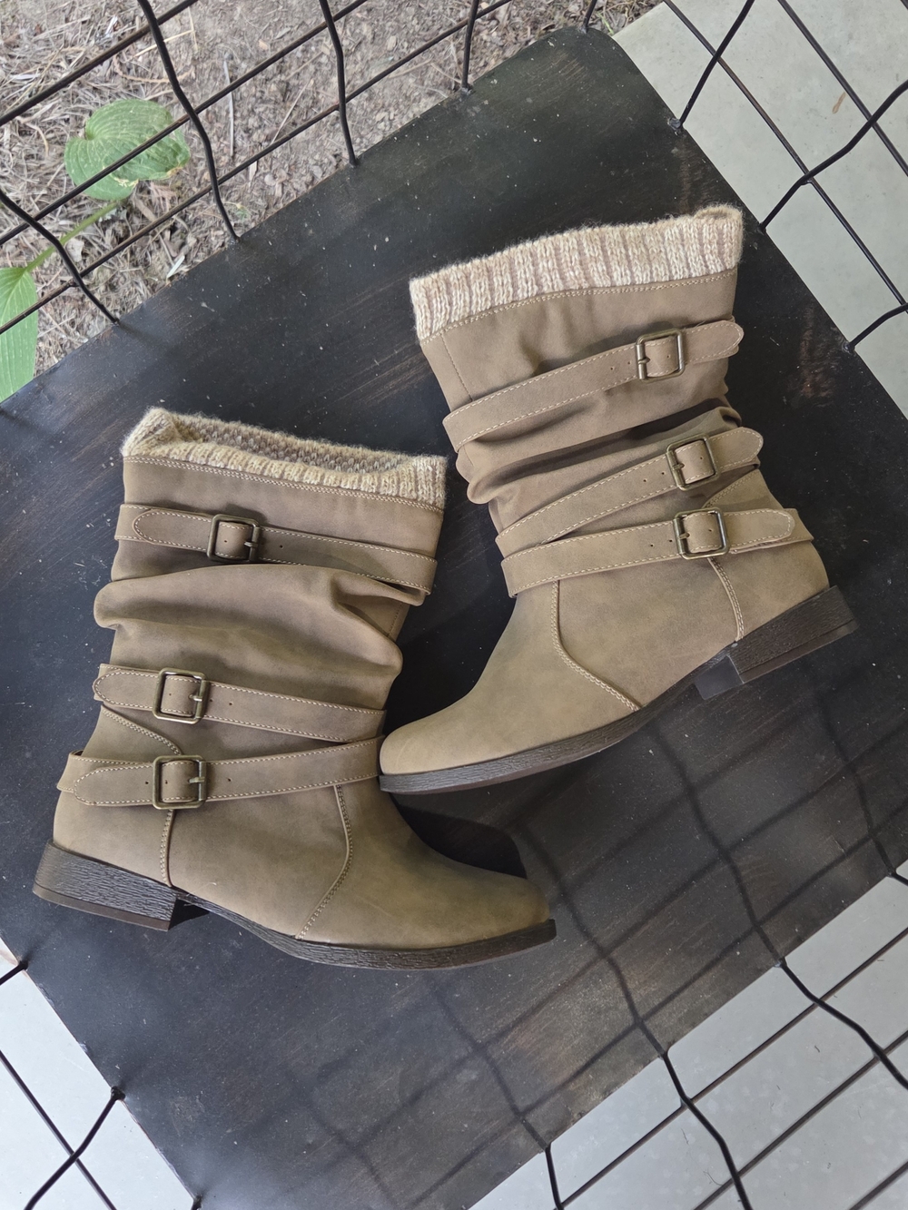 Size 9.5 Women's Casual Buckle Mid-Calf Boots - Taupe Knit Boot Cuff